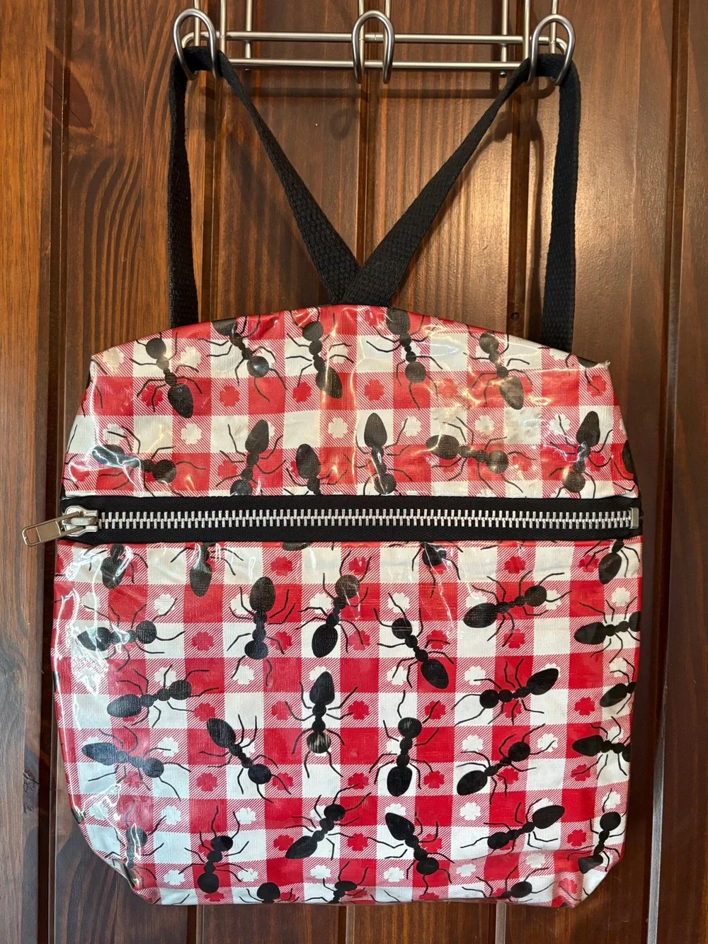 VTG 90s Picnic Ant Print Backpack Purse Denim Laminated Grunge Kitsch